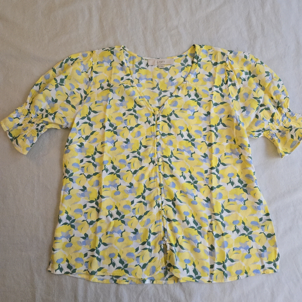 LOFT Lemon Citrus Pattern Puff Sleeve Blouse White Yellow Green MI3